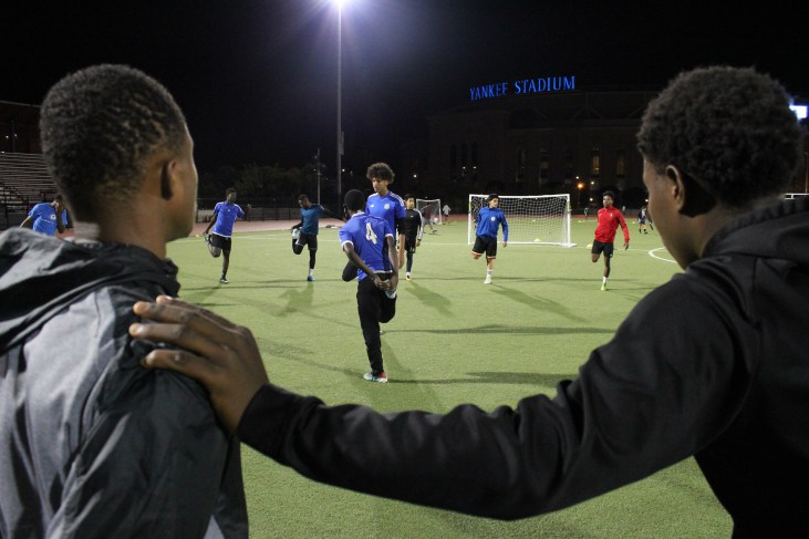 On this pitch overlooked by Yankee Stadium, Andrea, 17, the captain of South Bronx United’s U19 academy team, leads a warm-up drill.
